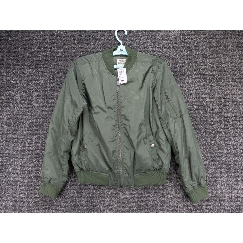 Ashley By 26 International Bomber Jacket Womens Large Green Full Zip Satin NWT